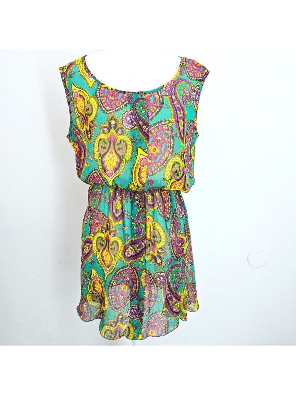 Women's Green Yellow Paisley Sheer Sleeveless Boho Swim Cover Dress Women XS/ S